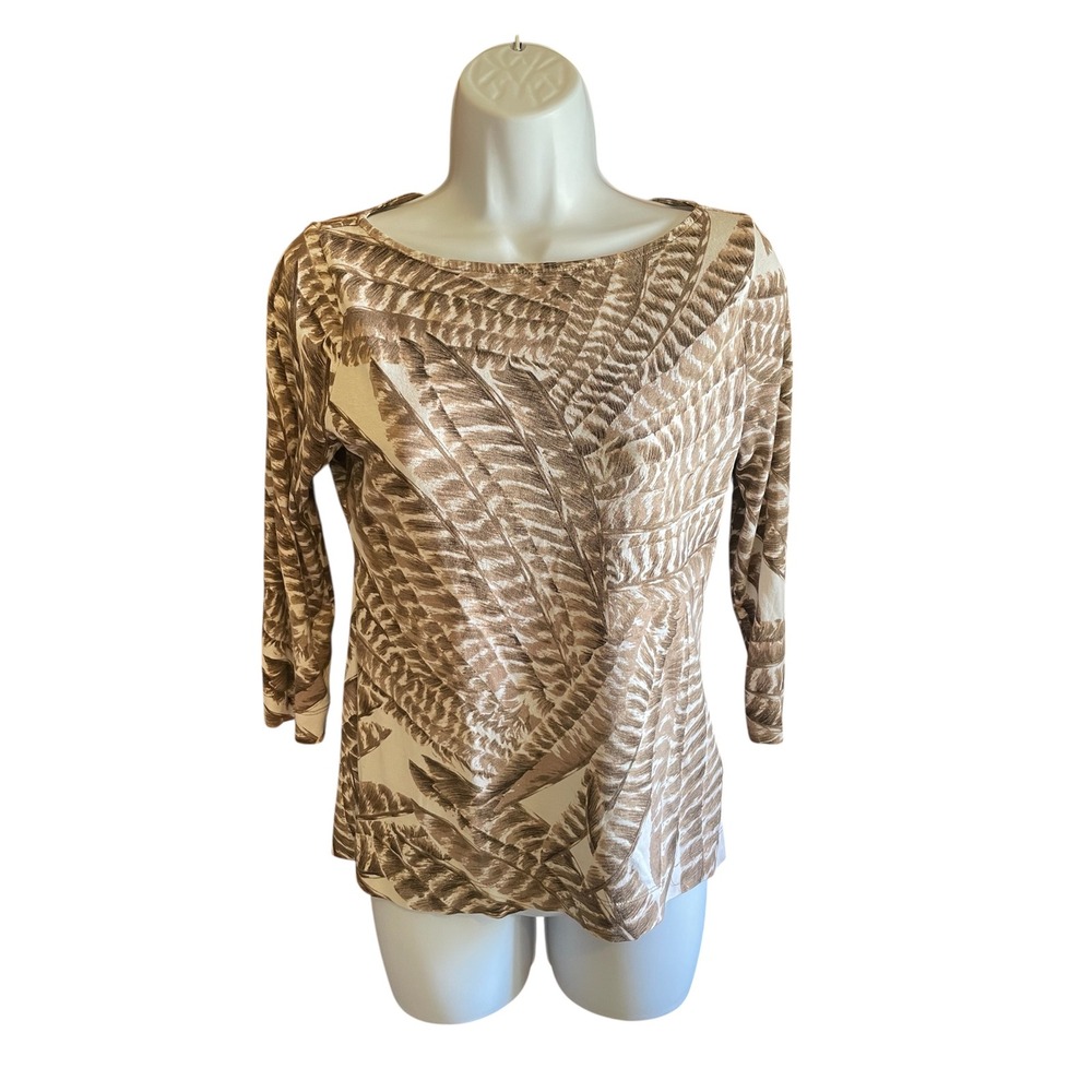Lauren Ralph Lauren Top Women's S Brown Feather‎ Print 3/4 Sleeve Boat Neck